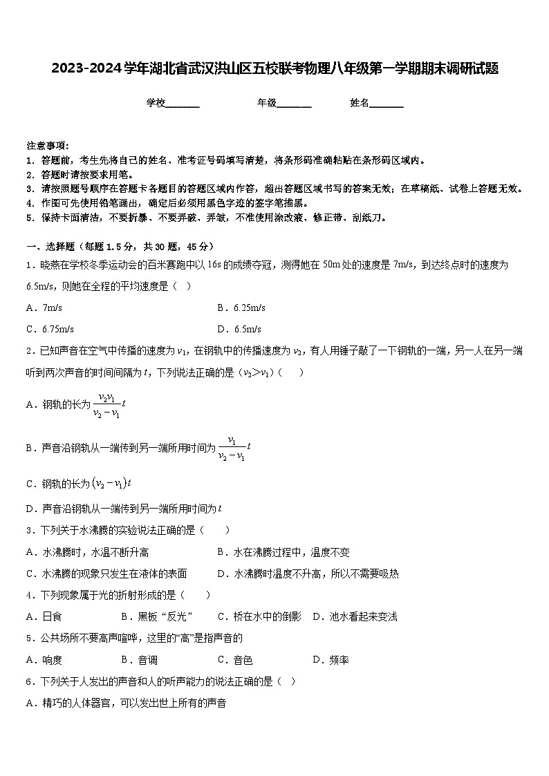 2023-2024学年湖北省武汉洪山区五校联考物理八年级第一学期期末调研试题含答案第1页
