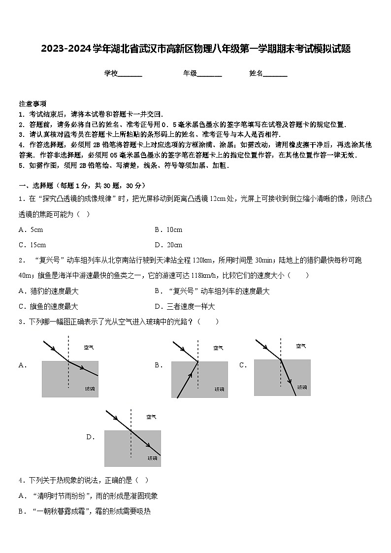 2023-2024学年湖北省武汉市高新区物理八年级第一学期期末考试模拟试题含答案第1页