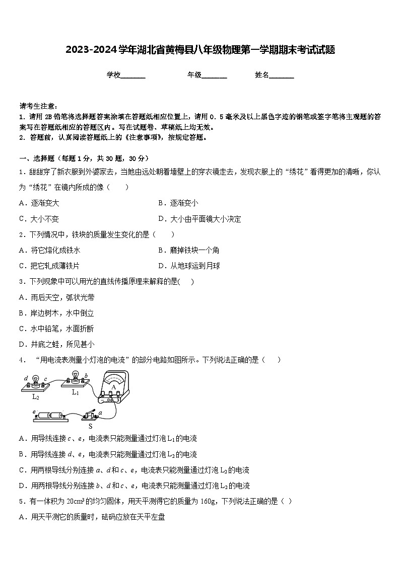 2023-2024学年湖北省黄梅县八年级物理第一学期期末考试试题含答案第1页