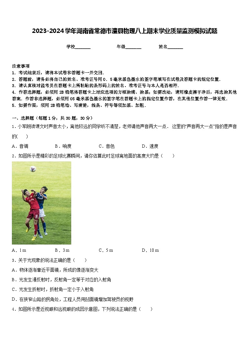 2023-2024学年湖南省常德市澧县物理八上期末学业质量监测模拟试题含答案01