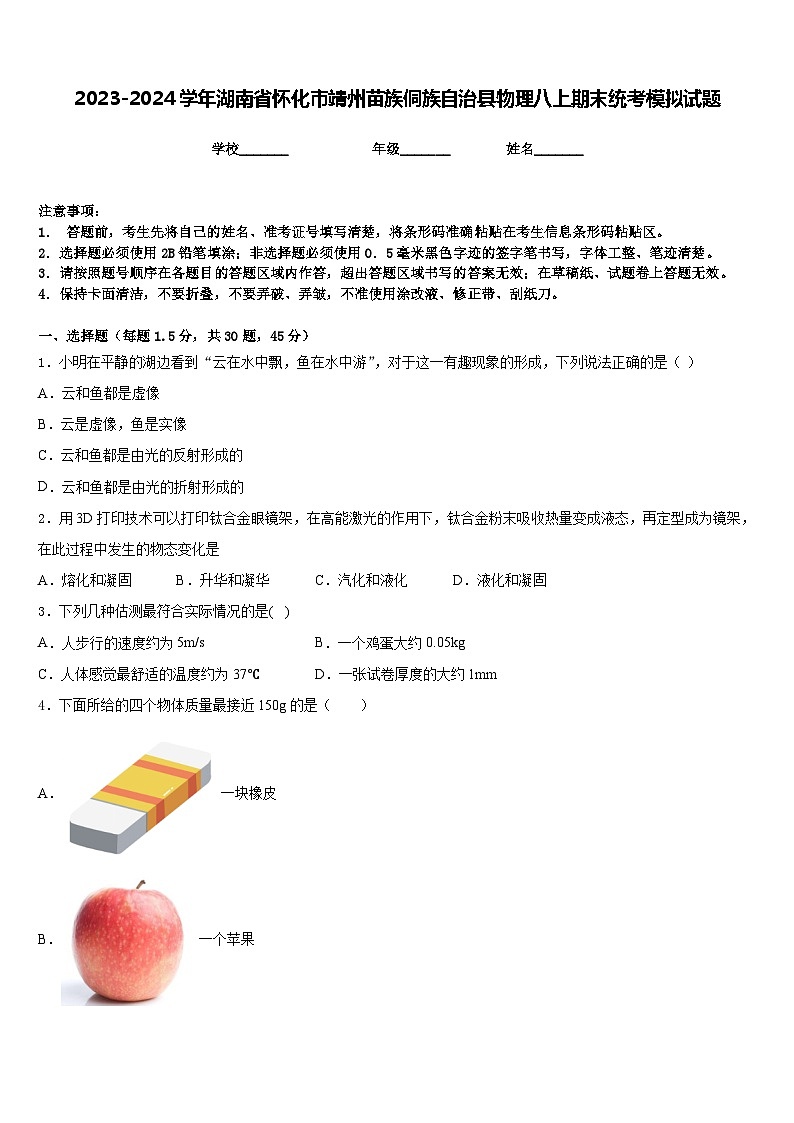 2023-2024学年湖南省怀化市靖州苗族侗族自治县物理八上期末统考模拟试题含答案第1页