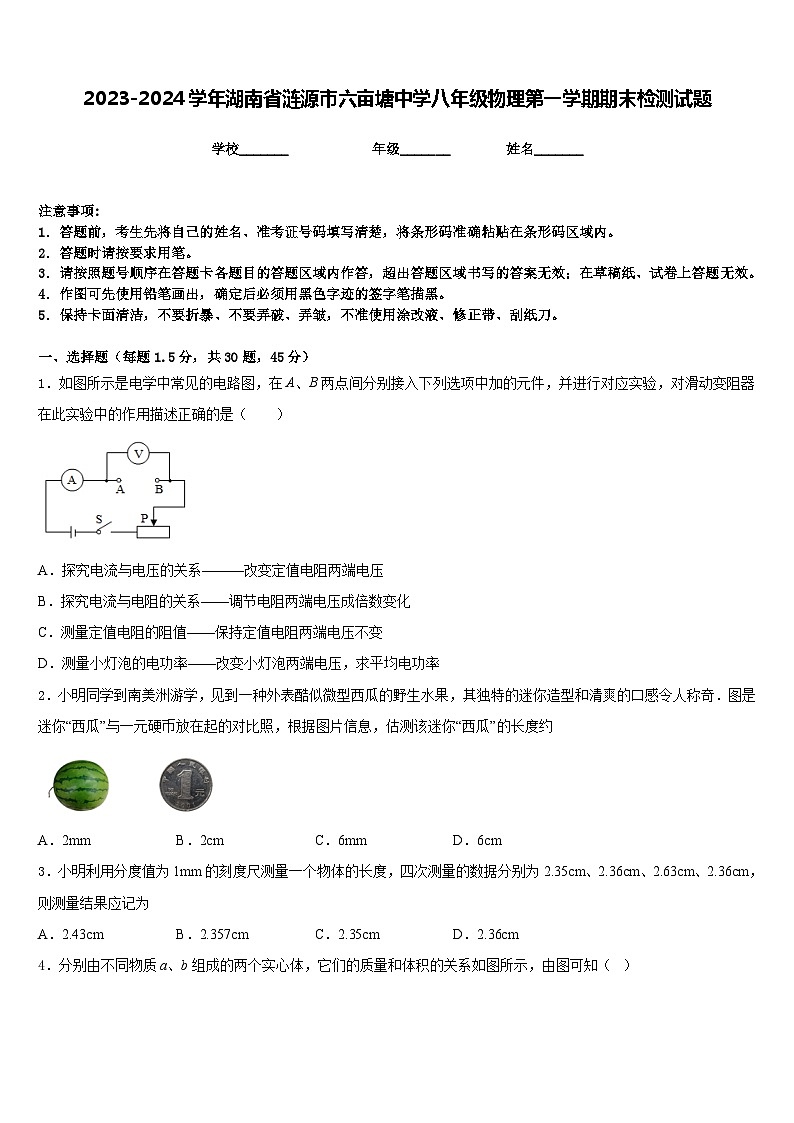 2023-2024学年湖南省涟源市六亩塘中学八年级物理第一学期期末检测试题含答案第1页