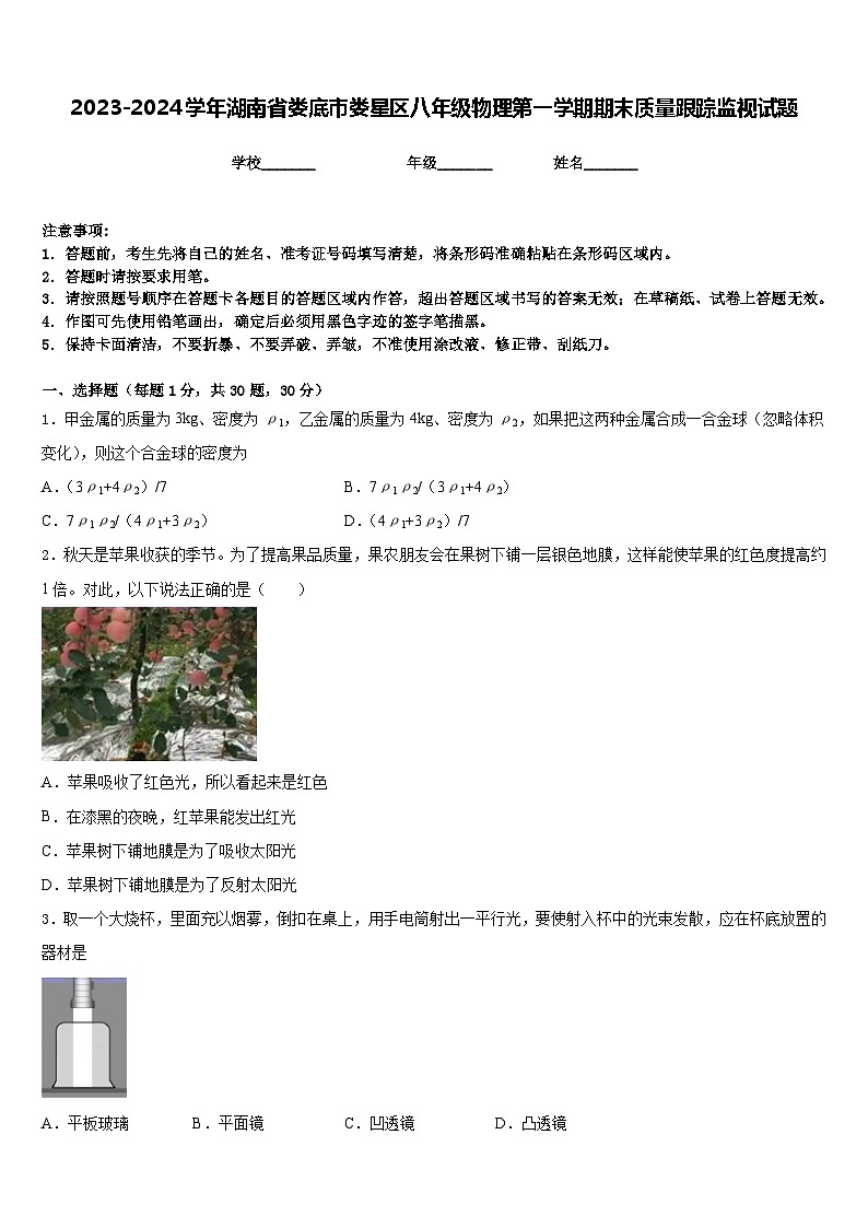 2023-2024学年湖南省娄底市娄星区八年级物理第一学期期末质量跟踪监视试题含答案01