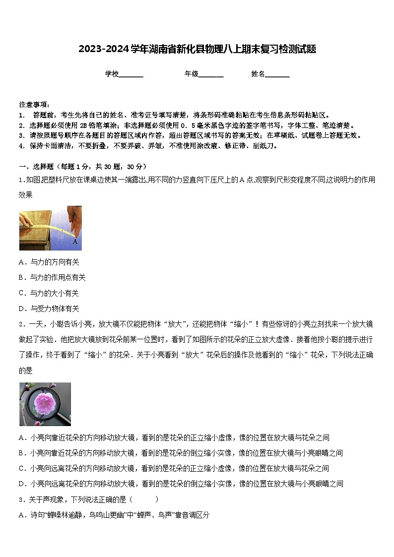 2023-2024学年湖南省新化县物理八上期末复习检测试题含答案第1页