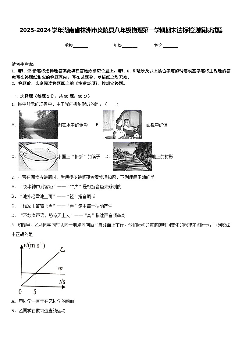 2023-2024学年湖南省株洲市炎陵县八年级物理第一学期期末达标检测模拟试题含答案第1页