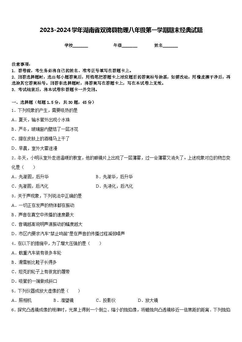 2023-2024学年湖南省双牌县物理八年级第一学期期末经典试题含答案01