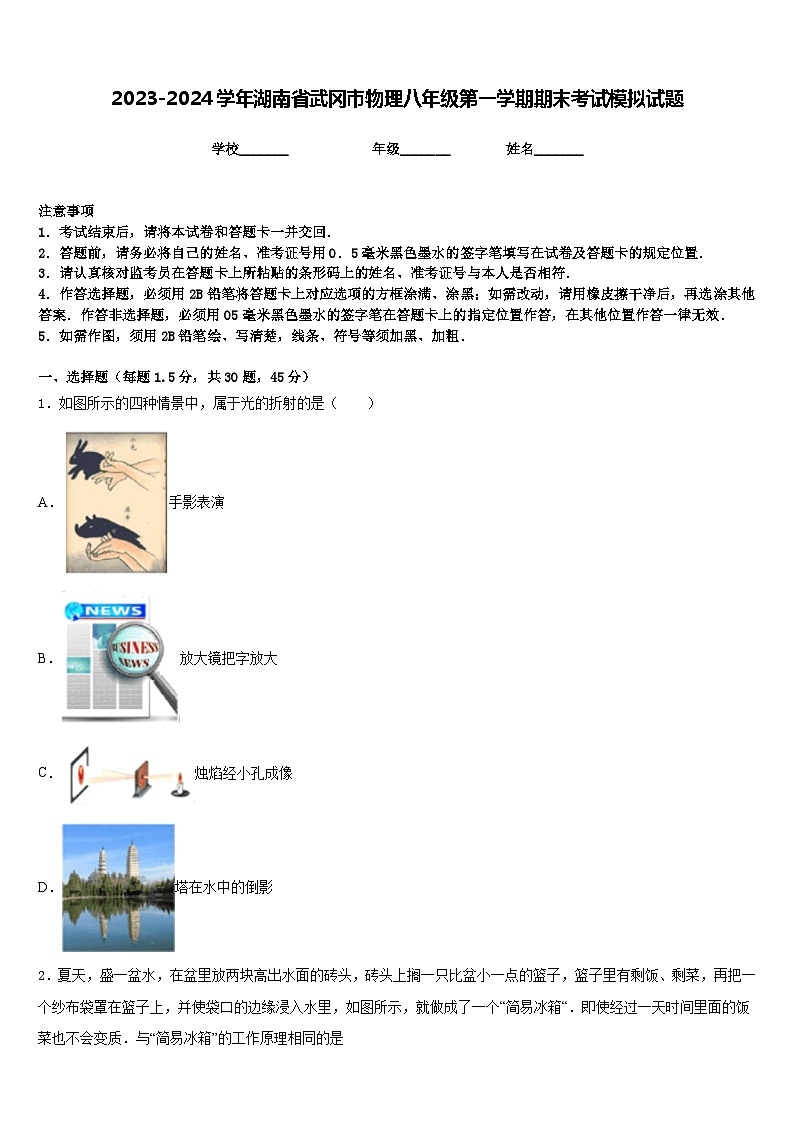 2023-2024学年湖南省武冈市物理八年级第一学期期末考试模拟试题含答案第1页