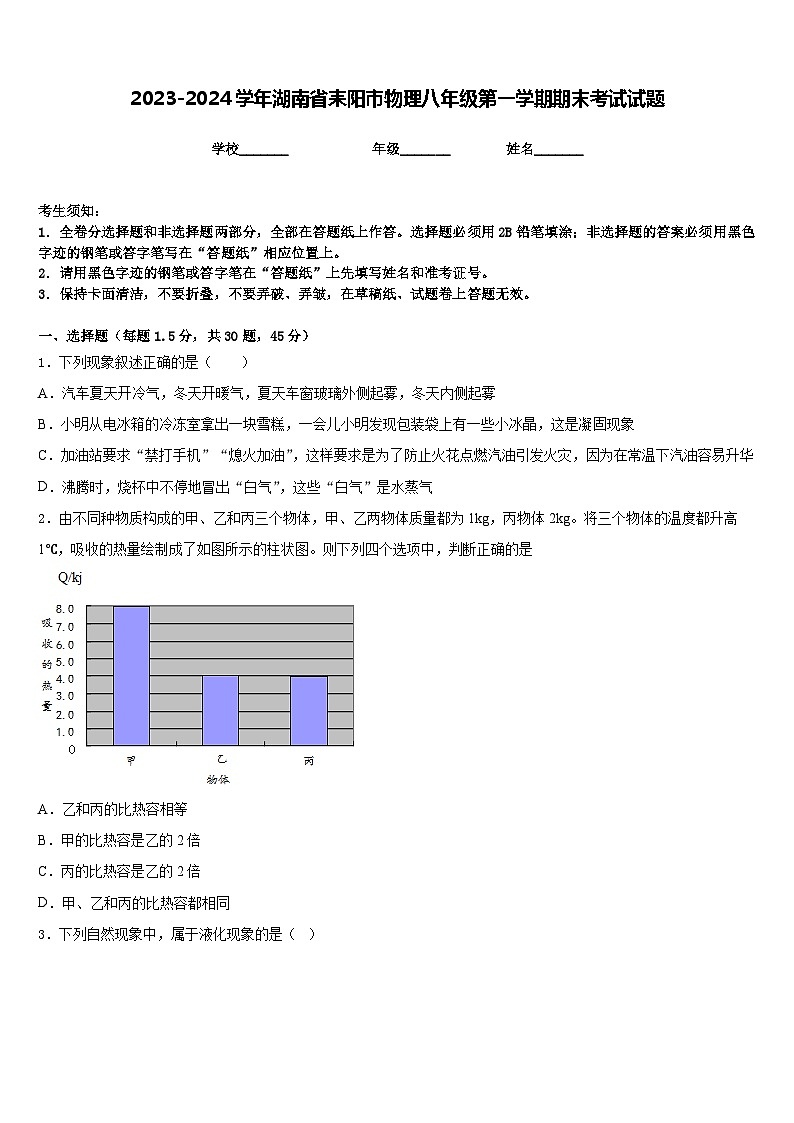 2023-2024学年湖南省耒阳市物理八年级第一学期期末考试试题含答案第1页