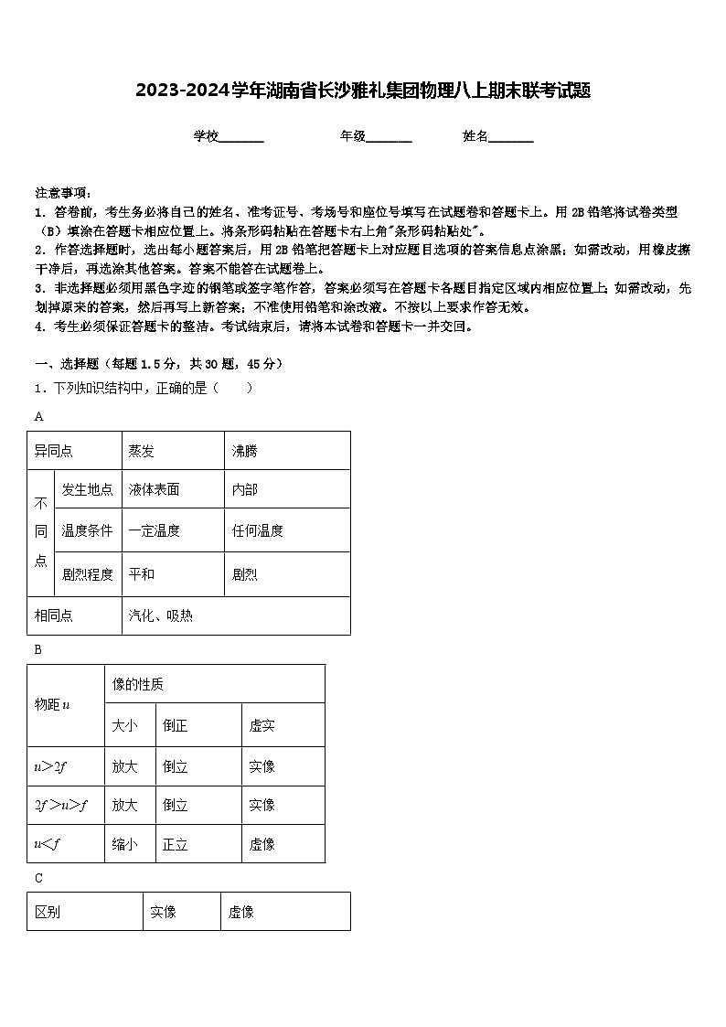 2023-2024学年湖南省长沙雅礼集团物理八上期末联考试题含答案01