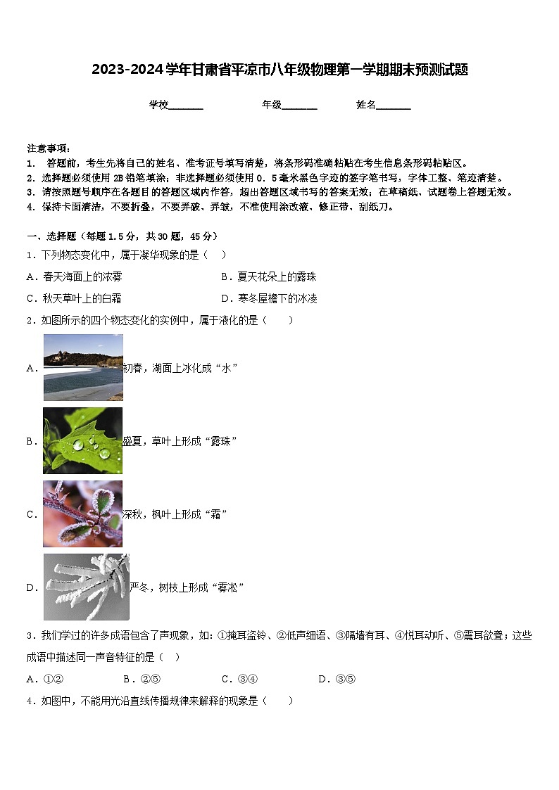 2023-2024学年甘肃省平凉市八年级物理第一学期期末预测试题含答案第1页