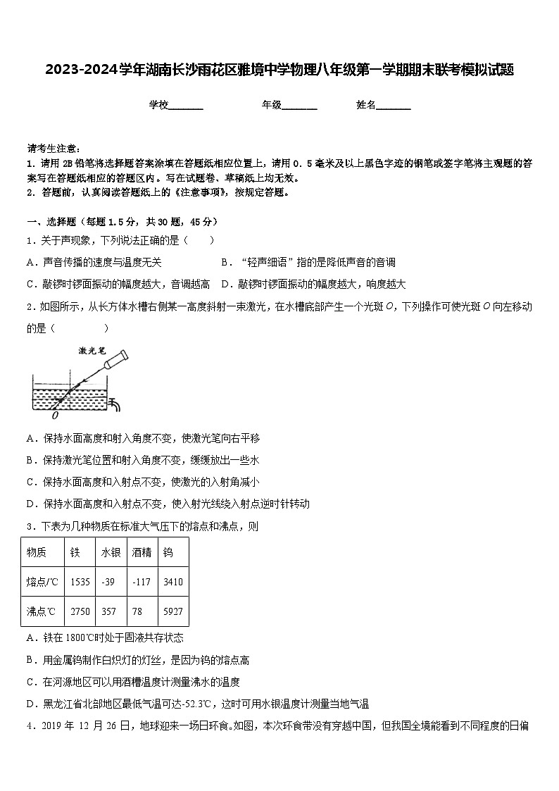 2023-2024学年湖南长沙雨花区雅境中学物理八年级第一学期期末联考模拟试题含答案01