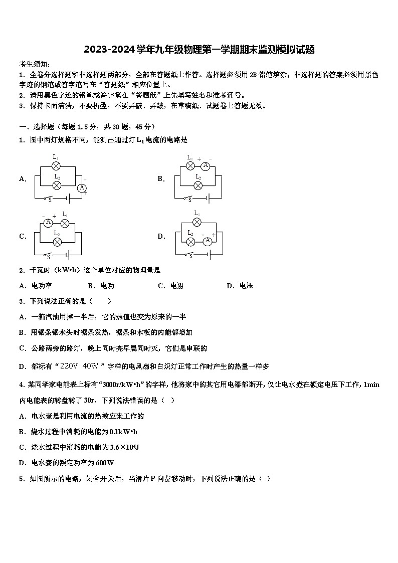 2023-2024学年九年级物理第一学期期末监测模拟试题01