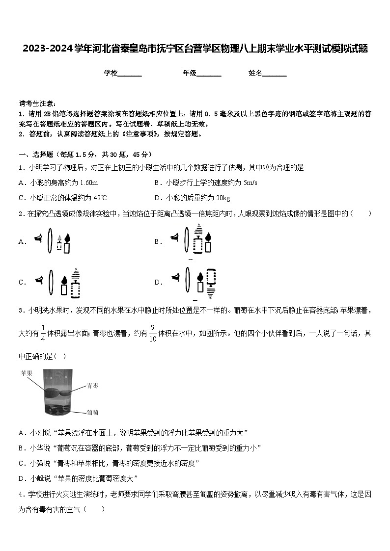 2023-2024学年河北省秦皇岛市抚宁区台营学区物理八上期末学业水平测试模拟试题含答案第1页