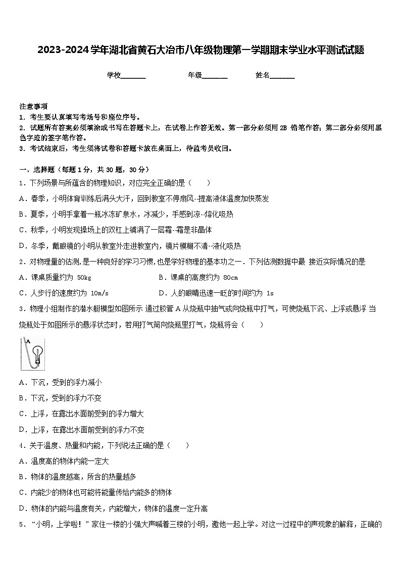 2023-2024学年湖北省黄石大冶市八年级物理第一学期期末学业水平测试试题含答案第1页