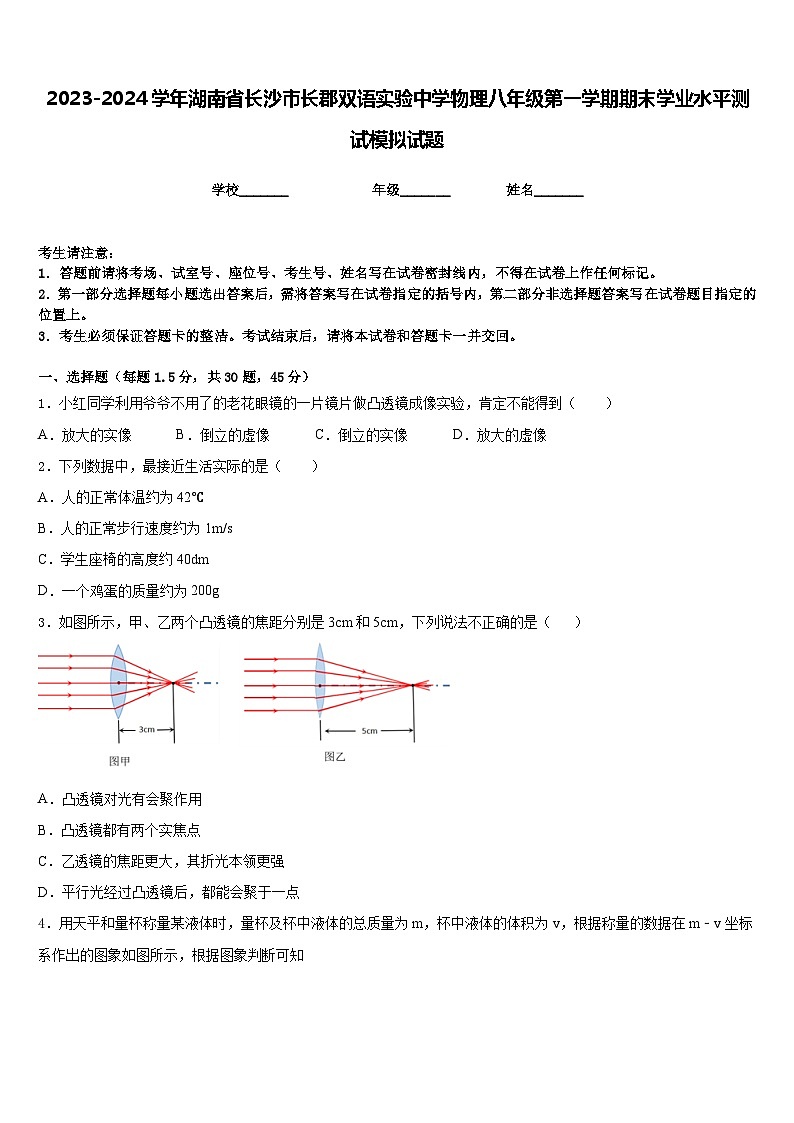 2023-2024学年湖南省长沙市长郡双语实验中学物理八年级第一学期期末学业水平测试模拟试题含答案第1页