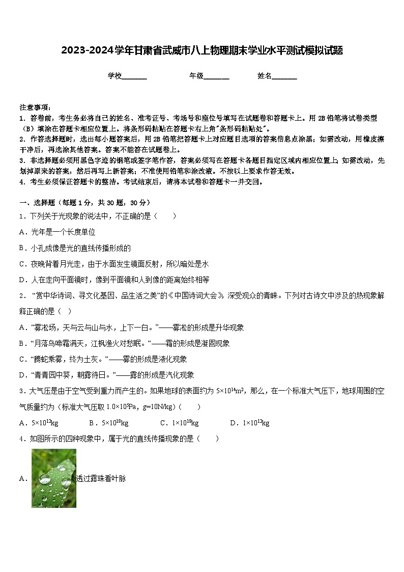 2023-2024学年甘肃省武威市八上物理期末学业水平测试模拟试题含答案01