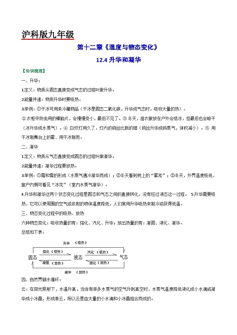 沪科版九年级物理（全）一册课后真题特训  12.4升华和凝华（原卷版+解析版）01