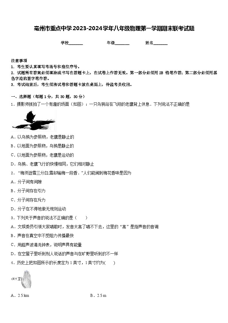 亳州市重点中学2023-2024学年八年级物理第一学期期末联考试题含答案第1页