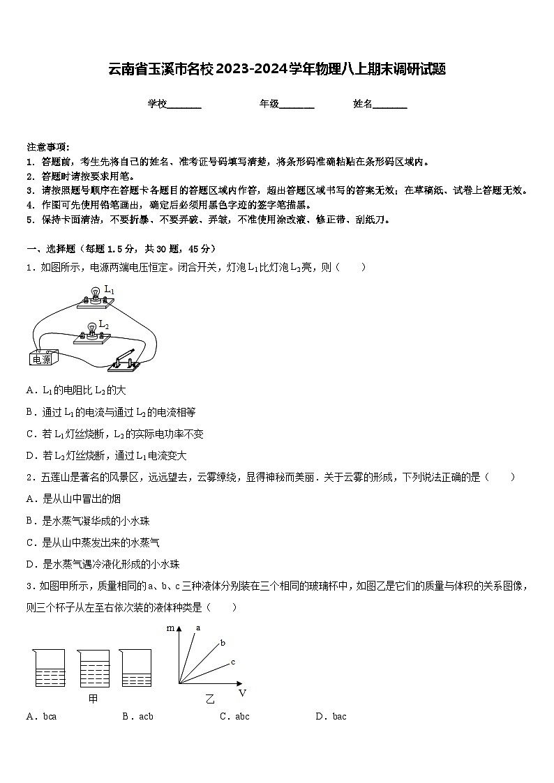 云南省玉溪市名校2023-2024学年物理八上期末调研试题含答案第1页