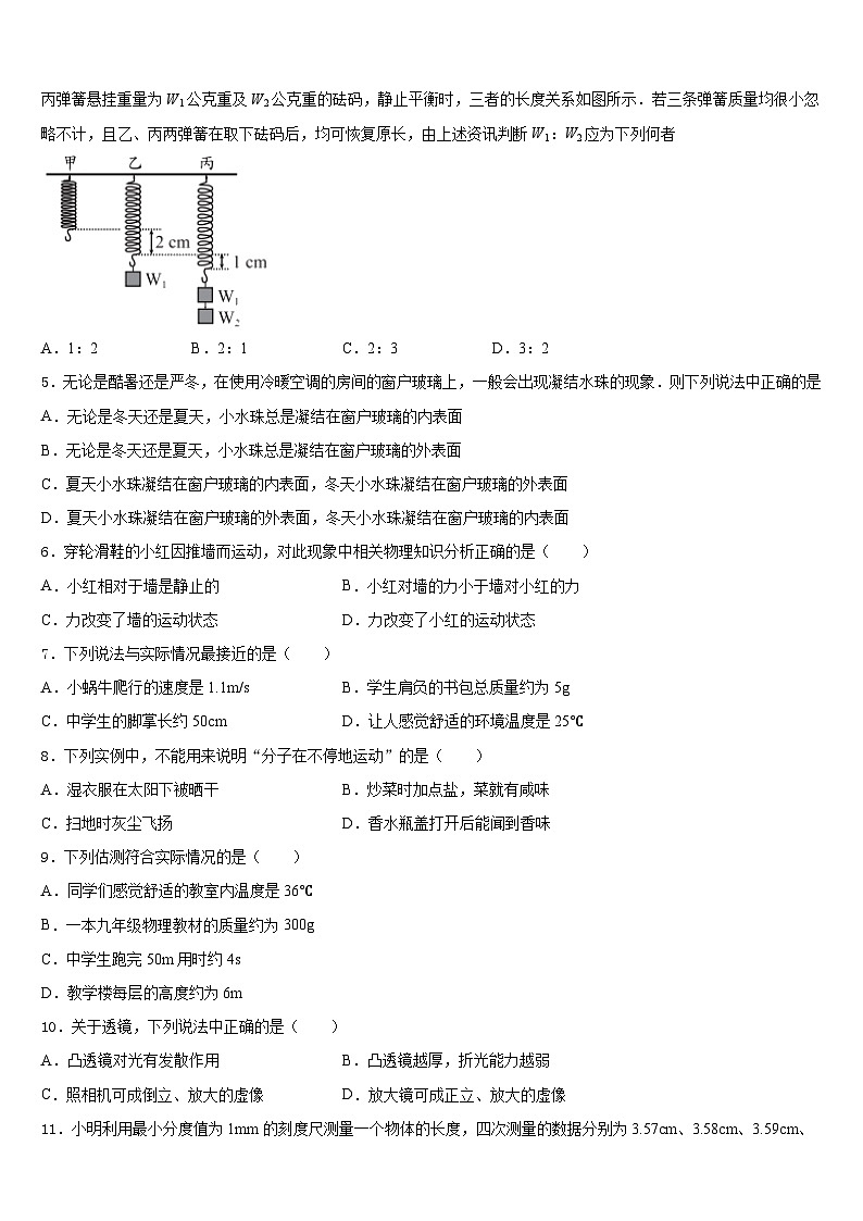 云南省红河市2023-2024学年八年级物理第一学期期末综合测试试题含答案02