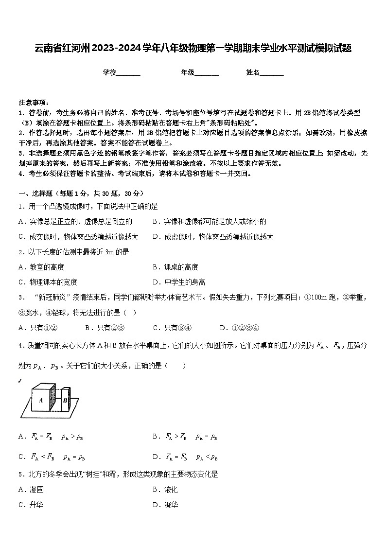 云南省红河州2023-2024学年八年级物理第一学期期末学业水平测试模拟试题含答案01