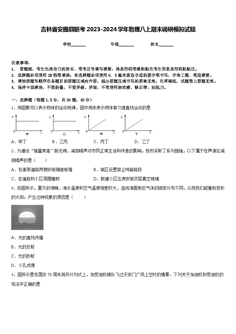 吉林省安图县联考2023-2024学年物理八上期末调研模拟试题含答案第1页