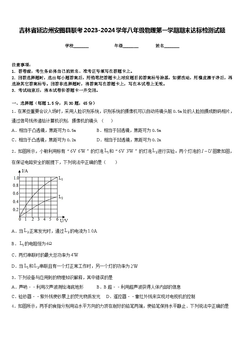 吉林省延边州安图县联考2023-2024学年八年级物理第一学期期末达标检测试题含答案第1页
