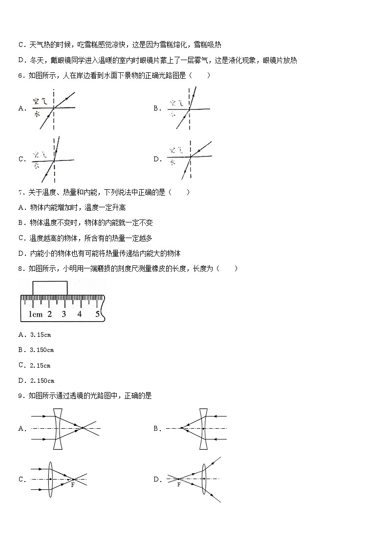 四川广安友谊中学2023-2024学年八上物理期末达标检测试题含答案第3页