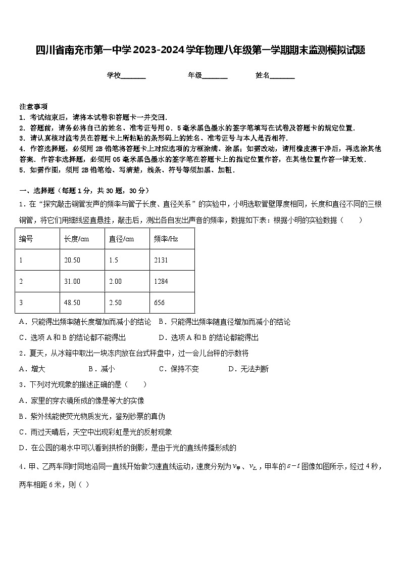 四川省南充市第一中学2023-2024学年物理八年级第一学期期末监测模拟试题含答案第1页