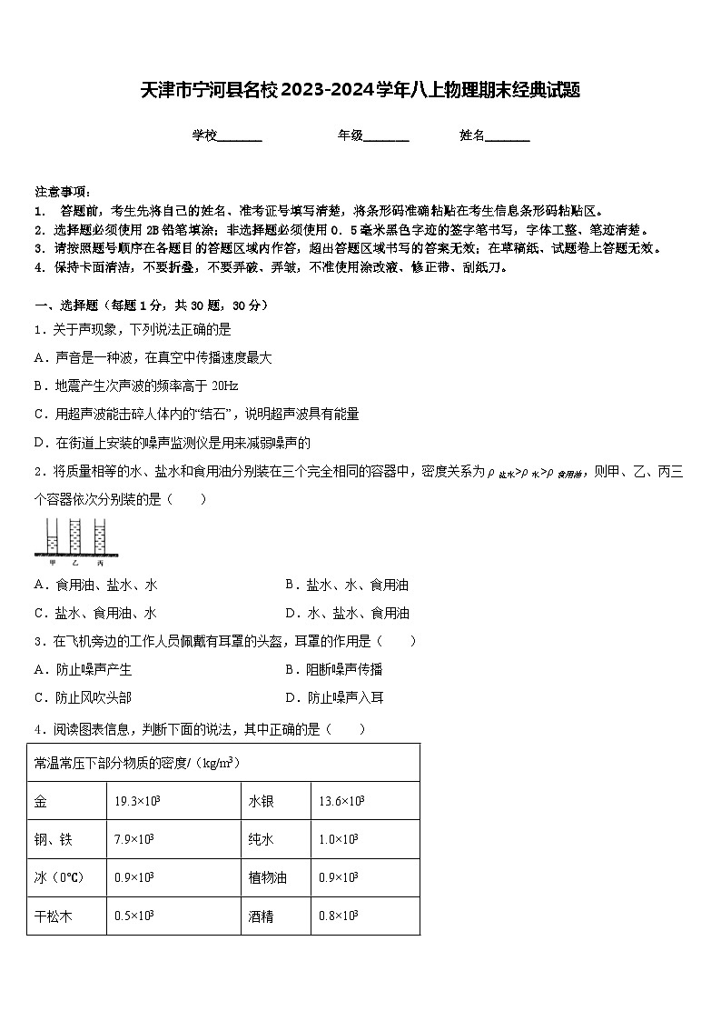 天津市宁河县名校2023-2024学年八上物理期末经典试题含答案01