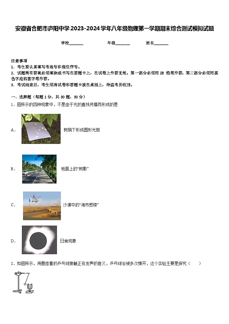 安徽省合肥市庐阳中学2023-2024学年八年级物理第一学期期末综合测试模拟试题含答案01