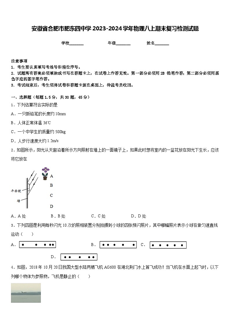 安徽省合肥市肥东四中学2023-2024学年物理八上期末复习检测试题含答案第1页