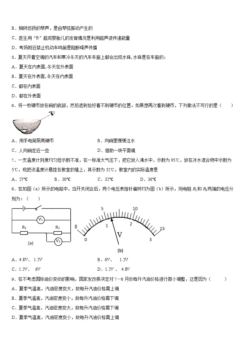 安徽省池州市2023-2024学年八年级物理第一学期期末综合测试试题含答案02