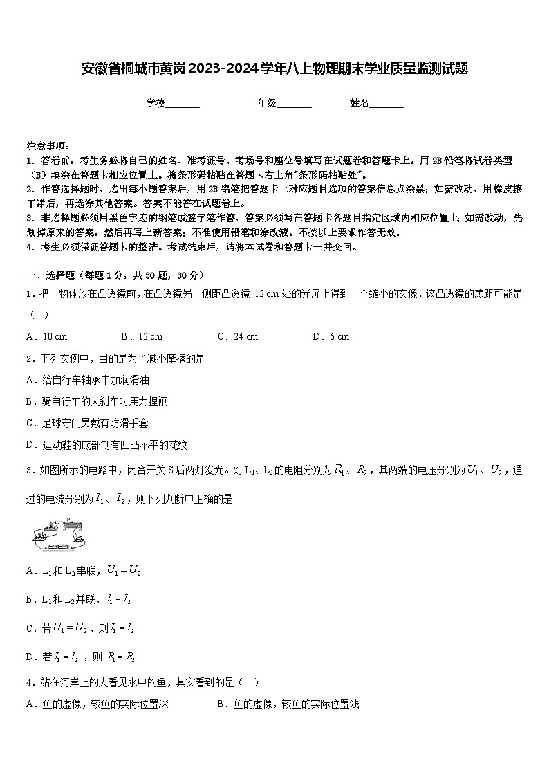 安徽省桐城市黄岗2023-2024学年八上物理期末学业质量监测试题含答案01