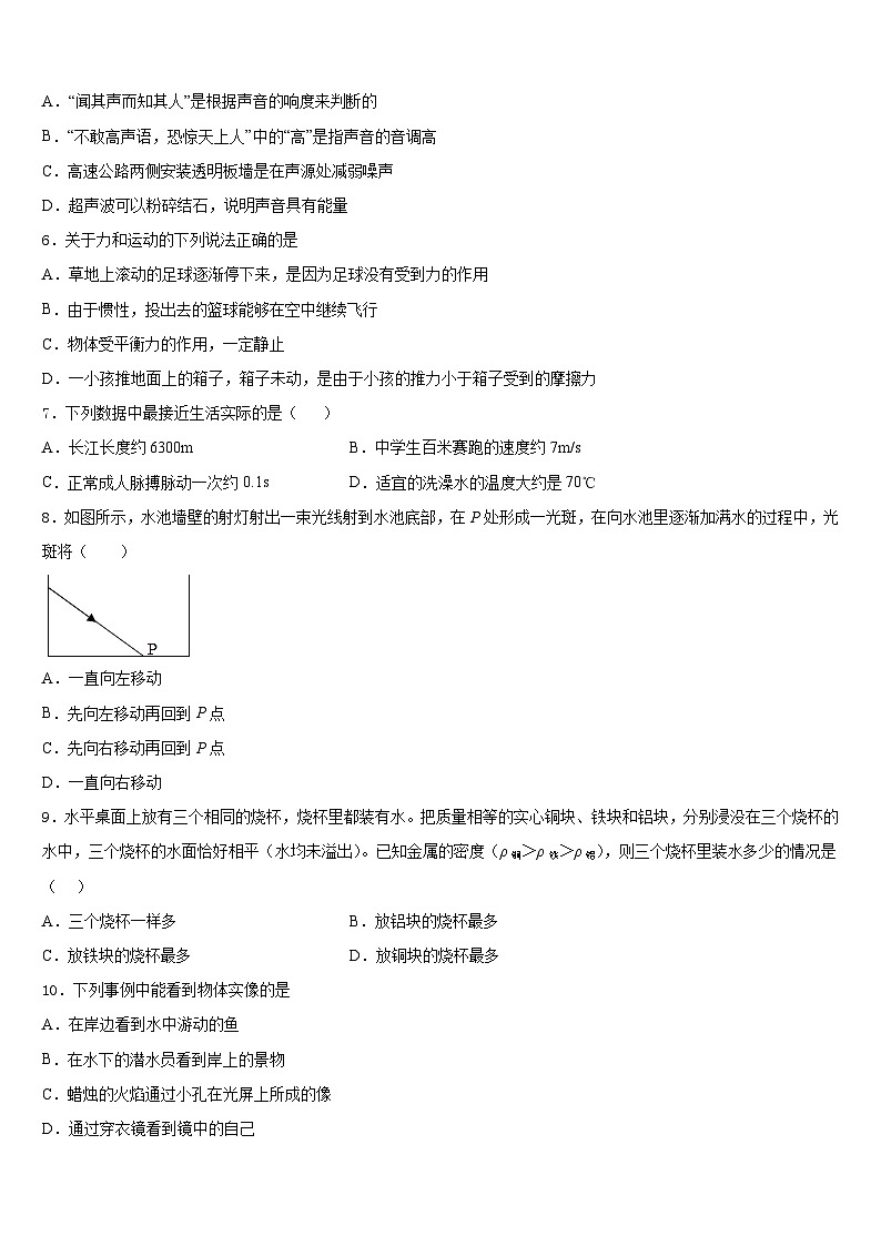 安徽省长丰县联考2023-2024学年八年级物理第一学期期末复习检测模拟试题含答案02