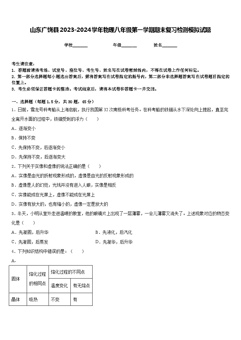 山东广饶县2023-2024学年物理八年级第一学期期末复习检测模拟试题含答案第1页