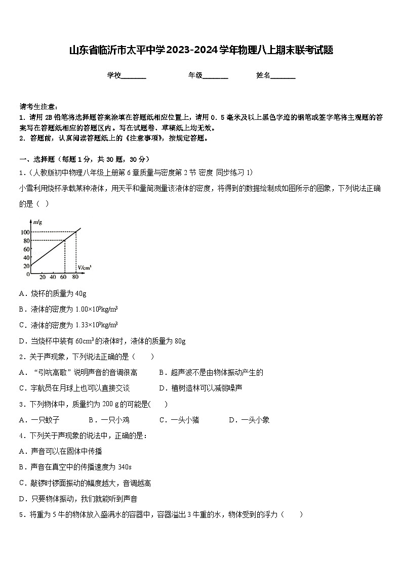 山东省临沂市太平中学2023-2024学年物理八上期末联考试题含答案第1页