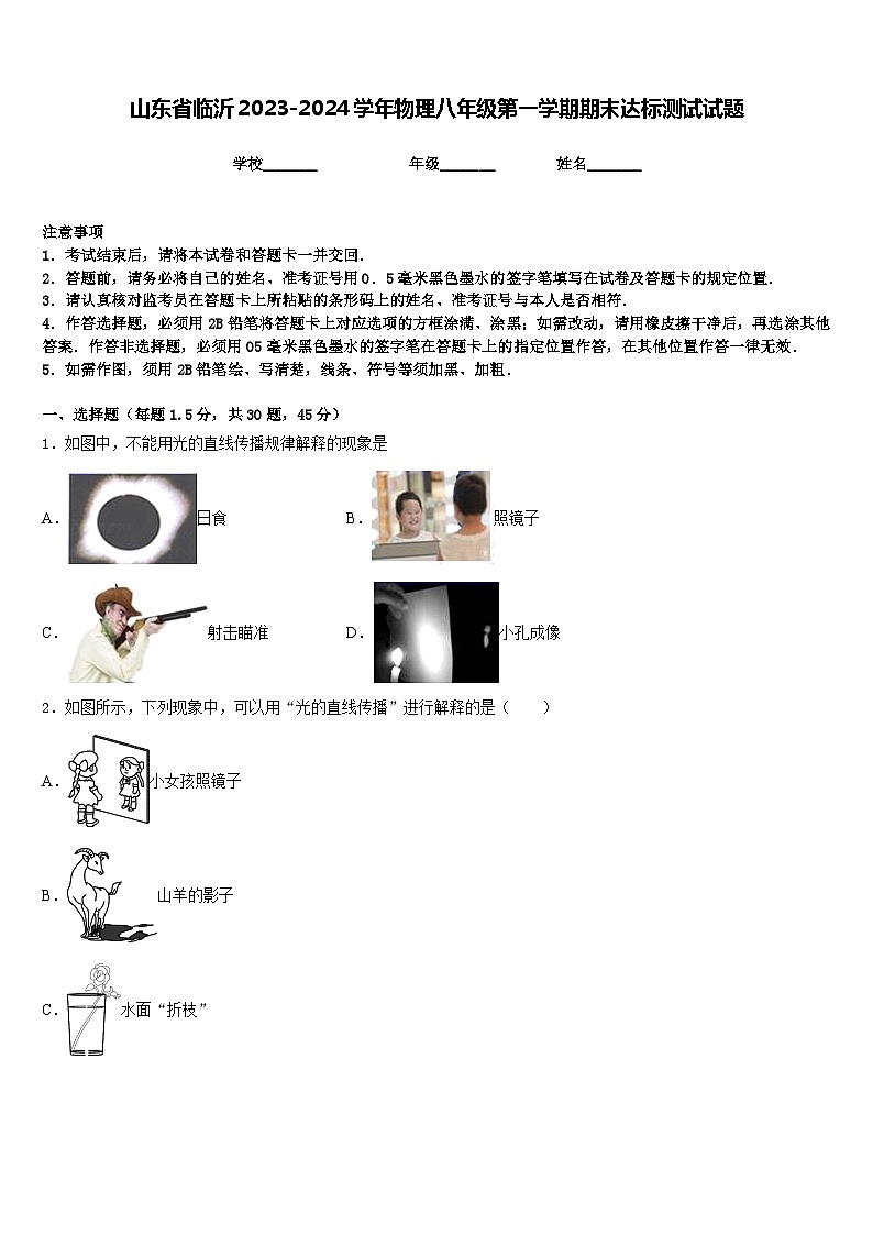 山东省临沂2023-2024学年物理八年级第一学期期末达标测试试题含答案第1页
