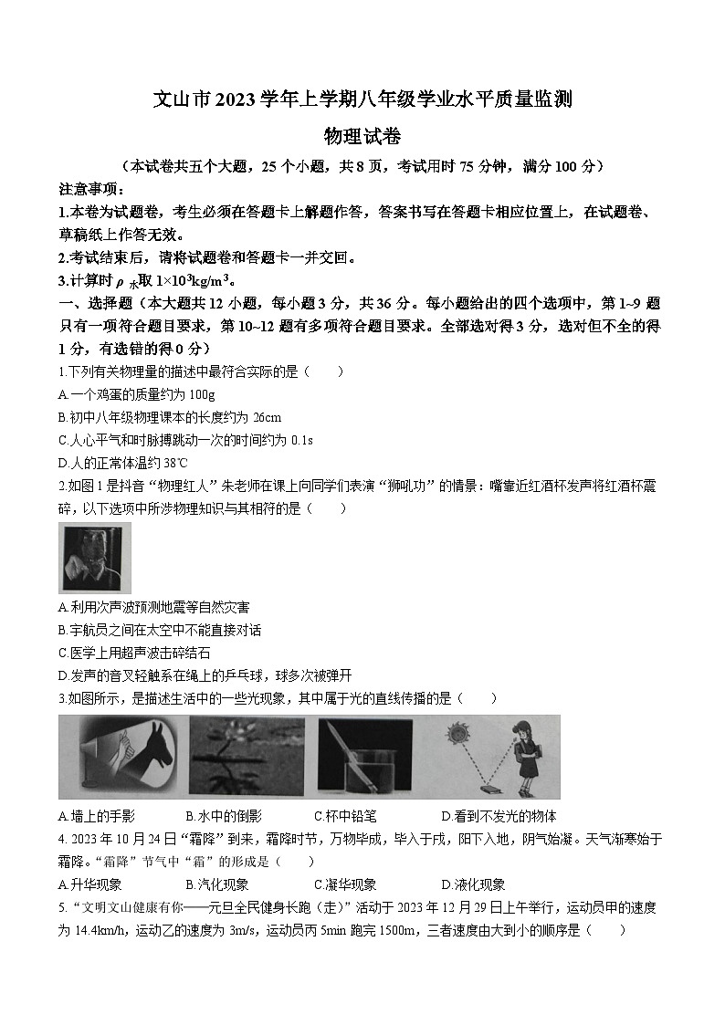 云南省文山州文山市2023学年八年级上学期期末学业水平质量监测物理试题第1页