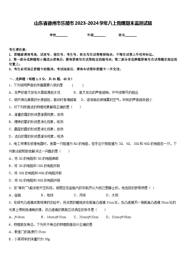 山东省德州市乐陵市2023-2024学年八上物理期末监测试题含答案01