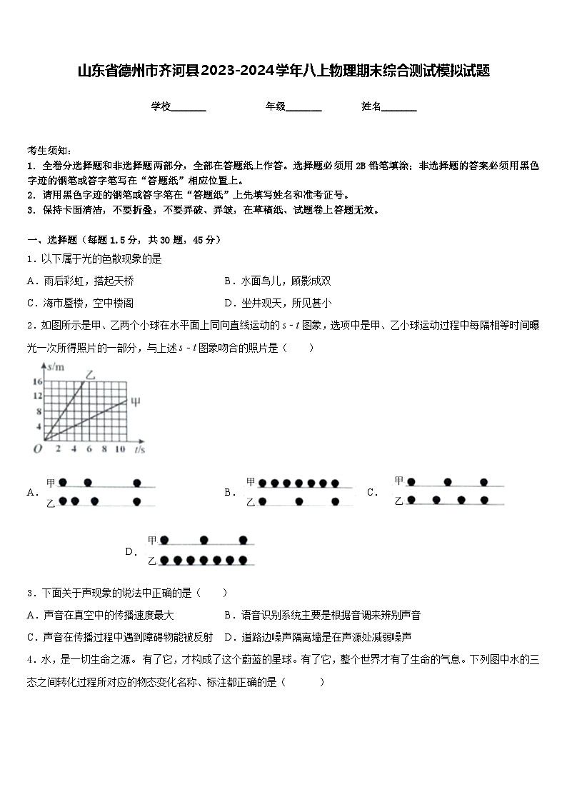 山东省德州市齐河县2023-2024学年八上物理期末综合测试模拟试题含答案第1页