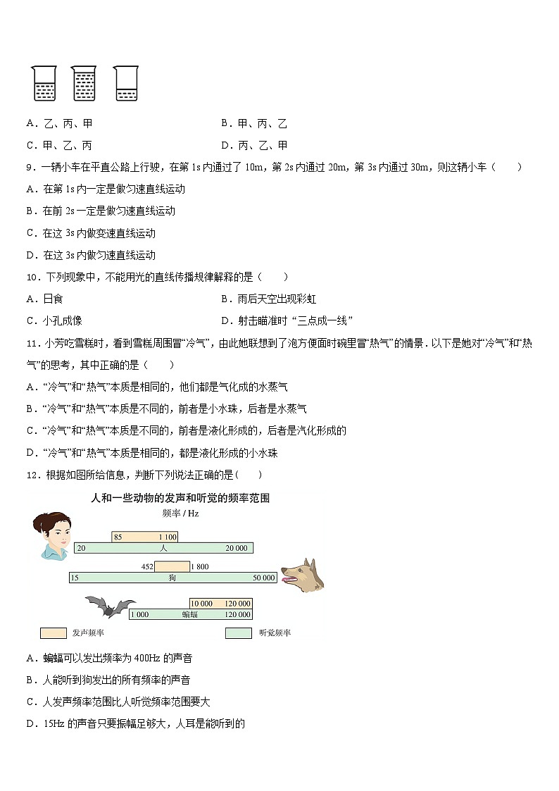 山东省济南历城区六校联考2023-2024学年物理八年级第一学期期末监测模拟试题含答案第3页