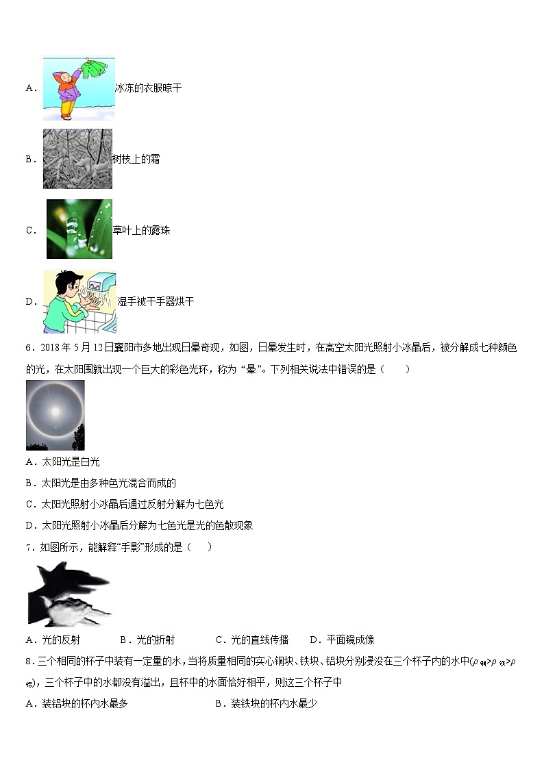 山东省济宁市邹城市2023-2024学年八上物理期末学业质量监测模拟试题含答案02