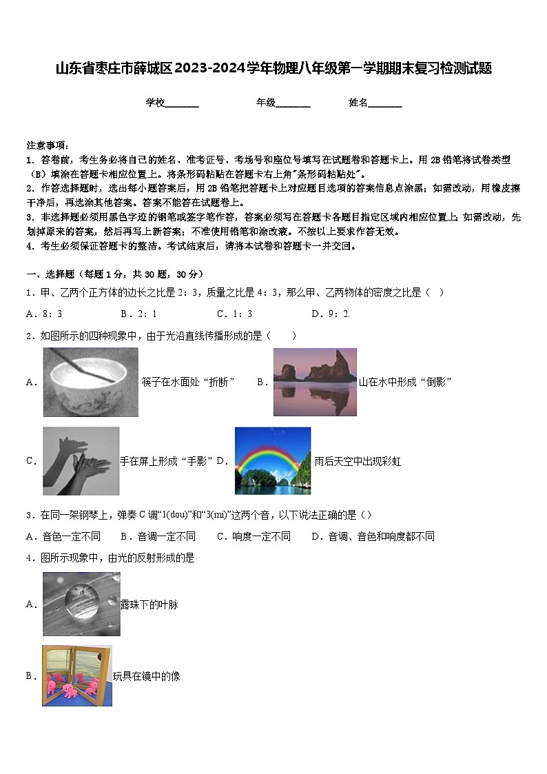 山东省枣庄市薛城区2023-2024学年物理八年级第一学期期末复习检测试题含答案01