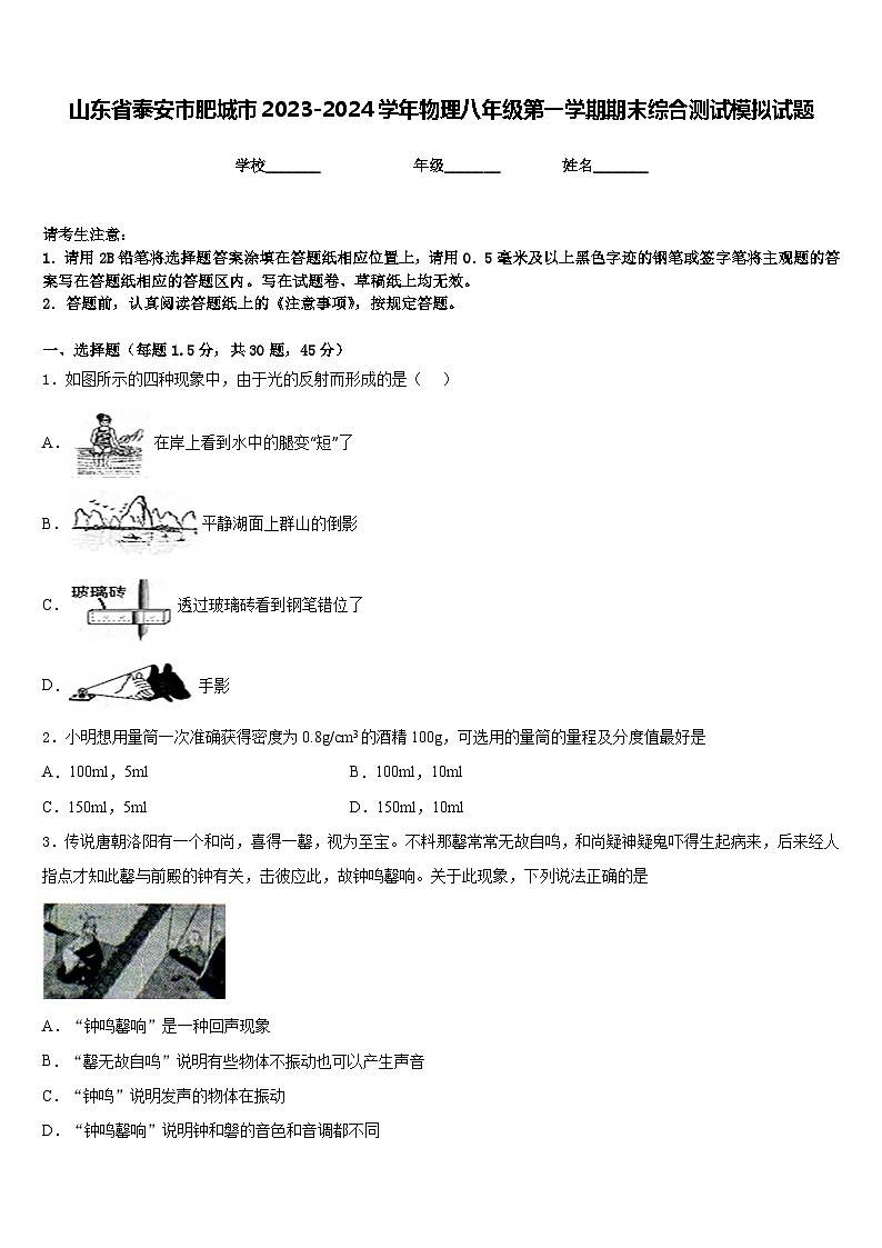 山东省泰安市肥城市2023-2024学年物理八年级第一学期期末综合测试模拟试题含答案01