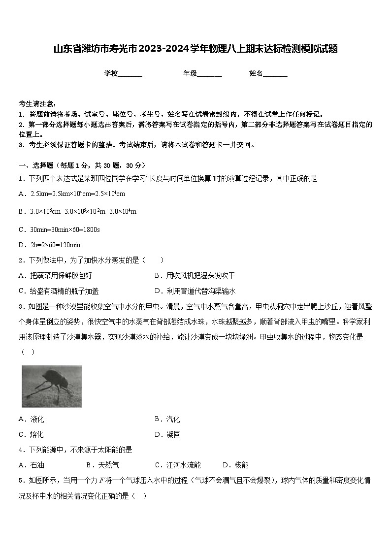 山东省潍坊市寿光市2023-2024学年物理八上期末达标检测模拟试题含答案第1页