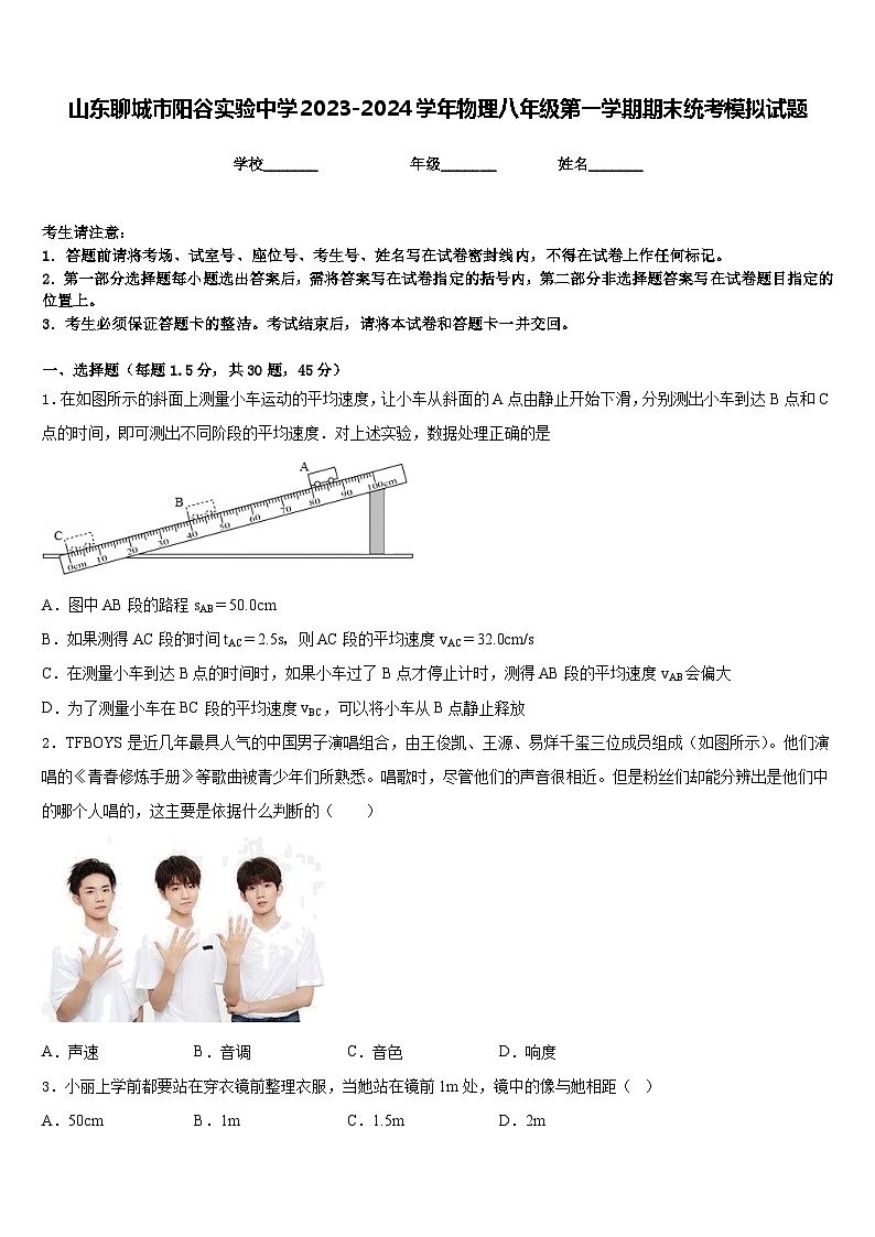 山东聊城市阳谷实验中学2023-2024学年物理八年级第一学期期末统考模拟试题含答案01