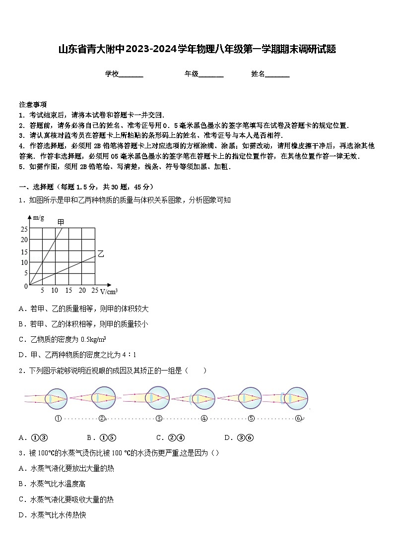 山东省青大附中2023-2024学年物理八年级第一学期期末调研试题含答案第1页