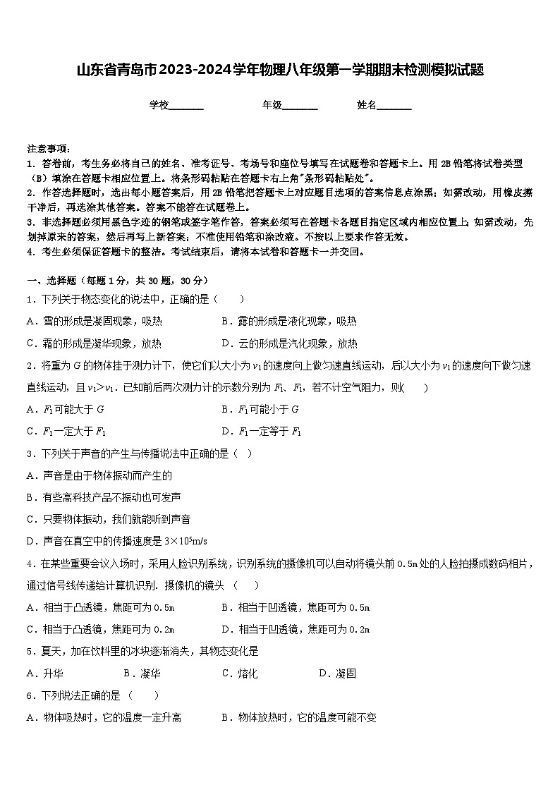 山东省青岛市2023-2024学年物理八年级第一学期期末检测模拟试题含答案01