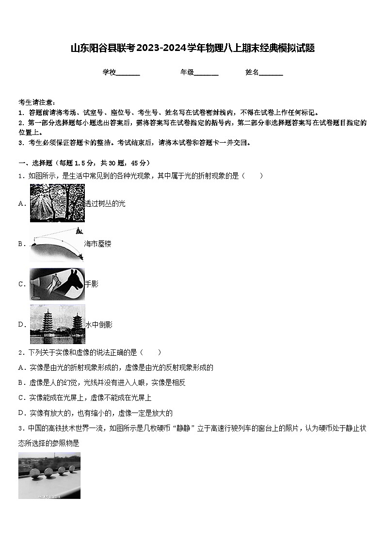 山东阳谷县联考2023-2024学年物理八上期末经典模拟试题含答案第1页